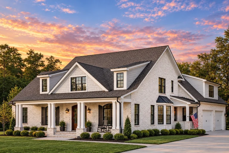Front exterior of a New American style home with painted brick exterior, classic Colonial proportions, covered front porch, and symmetrical gabled rooflines