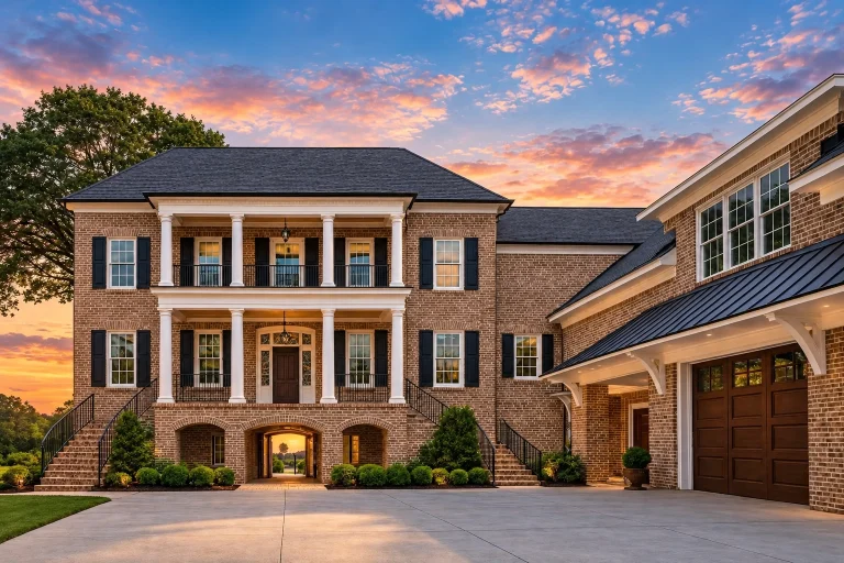 Front exterior of a Georgian Colonial style brick home featuring symmetrical architecture, double stacked porches, classical columns, and a side-entry garage