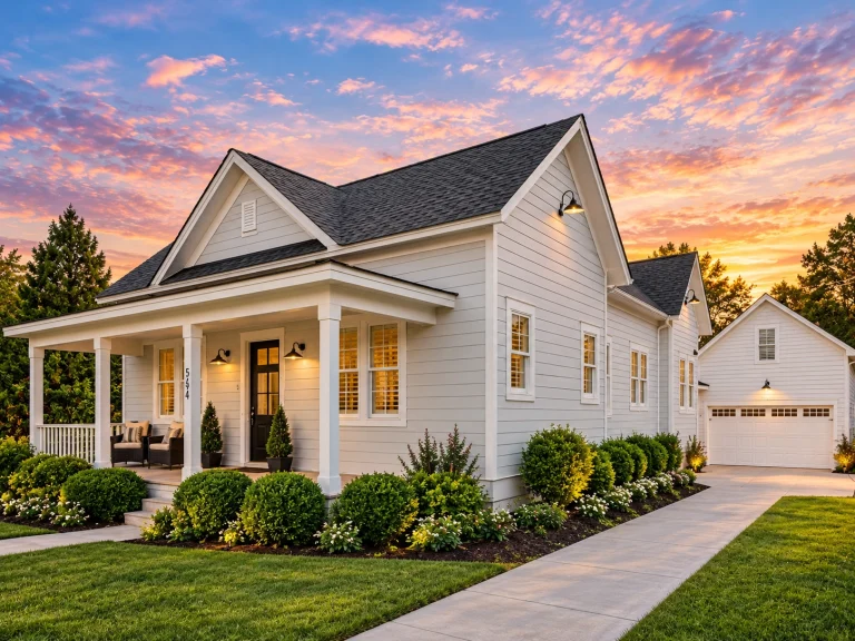 Cottage House Plans 23 Front elevation of an American Cottage style house featuring Colonial Revival influences, horizontal siding, black shutters, and a welcoming covered porch