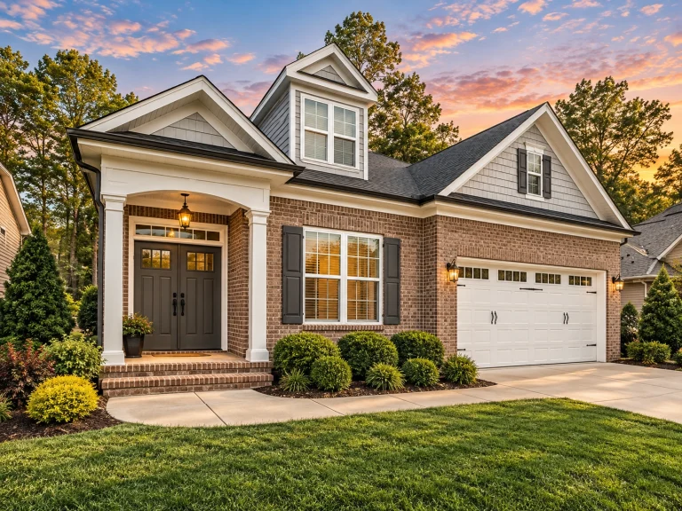 Cottage House Plans 24 Front view of a Traditional Ranch style home featuring a brick façade, siding accents, dormer windows, and a two-car garage
