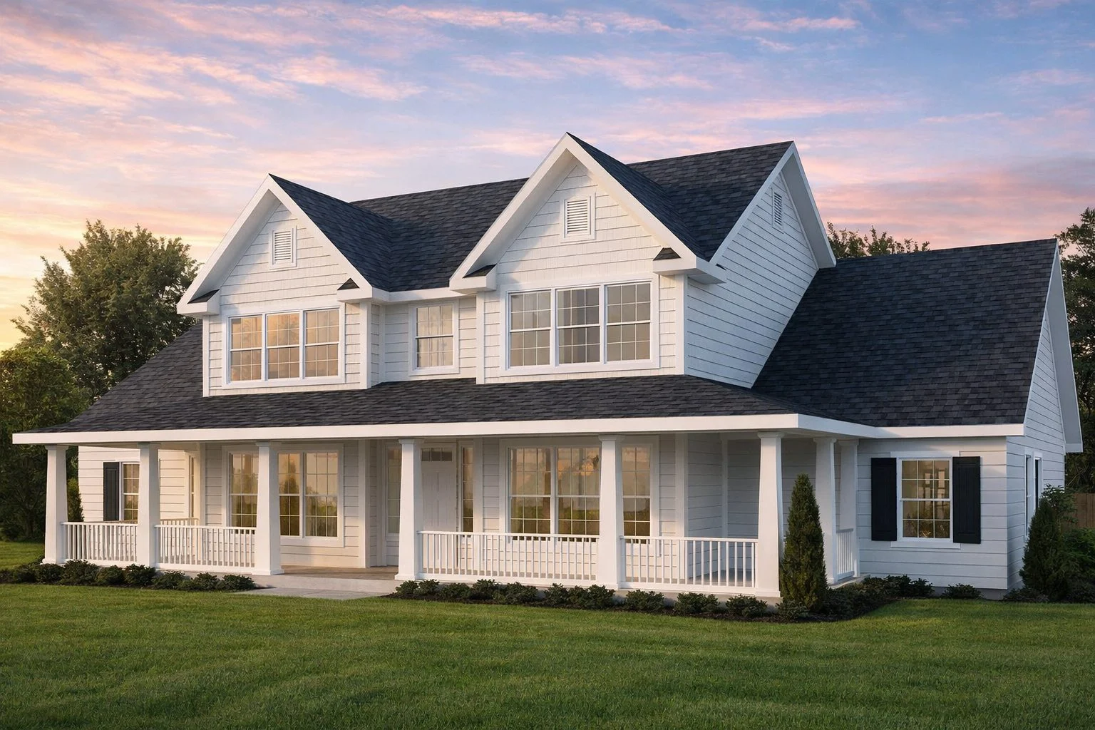 Front view of a Modern Farmhouse with white horizontal siding, black shutters, gabled rooflines, and a full covered front porch inspired by Colonial design.