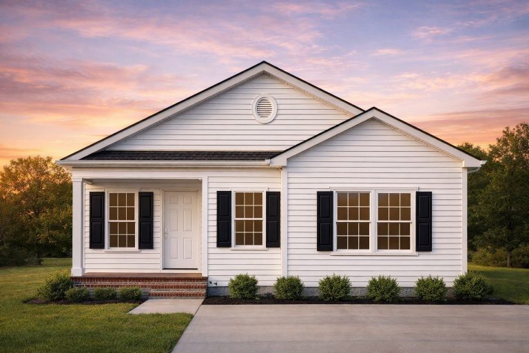 Front elevation of a Traditional Ranch home featuring horizontal siding, brick skirting, symmetrical windows, and a covered porch