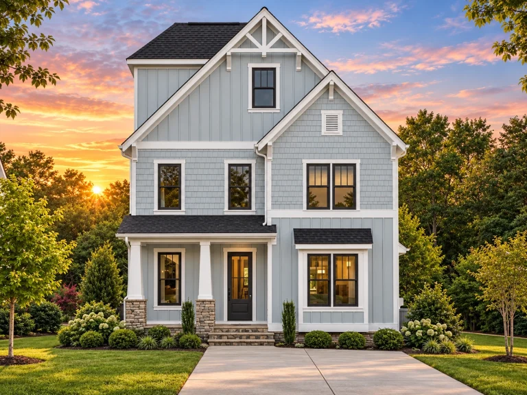 Front elevation of a Traditional Colonial style home with red brick exterior, horizontal siding accents, multi-pane windows, and a balanced two-story façade