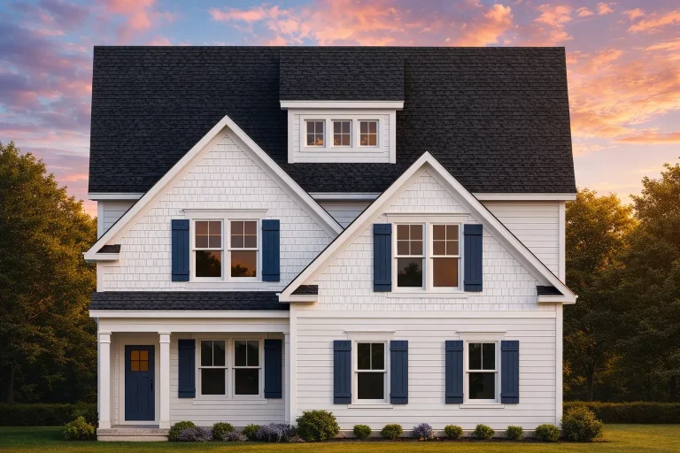 Front elevation of a Traditional Neo-Colonial style home with horizontal siding, shingle gables, and balanced window layout
