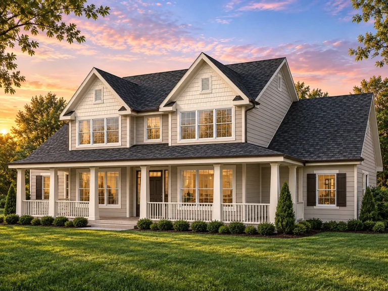 Front view of a Modern Farmhouse with white horizontal siding, black shutters, gabled rooflines, and a full covered front porch inspired by Colonial design.