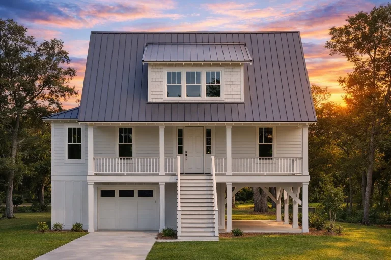 Front elevation of a Coastal Traditional carriage house with board-and-batten siding, elevated porch, exterior staircase, and standing-seam metal roof