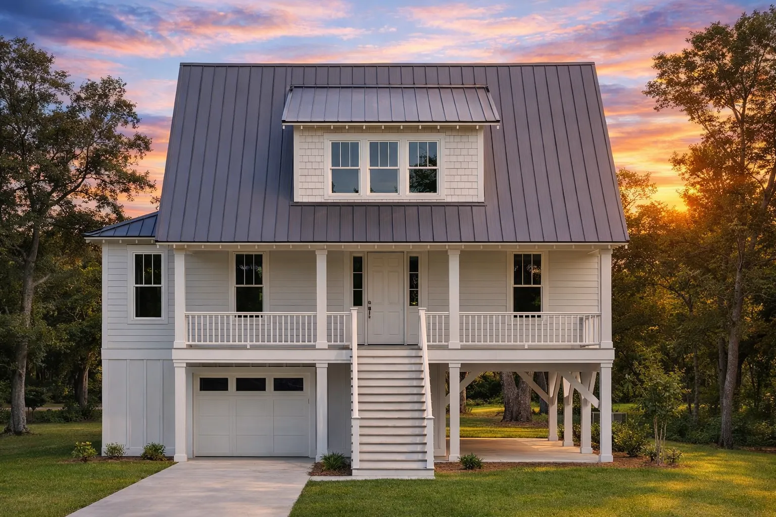 Front elevation of a Coastal Traditional carriage house with board-and-batten siding, elevated porch, exterior staircase, and standing-seam metal roof