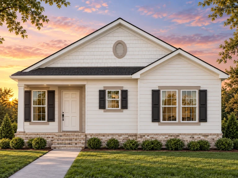 Front elevation of a Traditional Ranch home featuring horizontal siding, brick skirting, symmetrical windows, and a covered porch