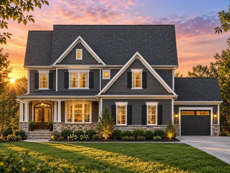 Front elevation of a Traditional Colonial style home with horizontal siding, stone porch base, symmetrical windows, and attached garage