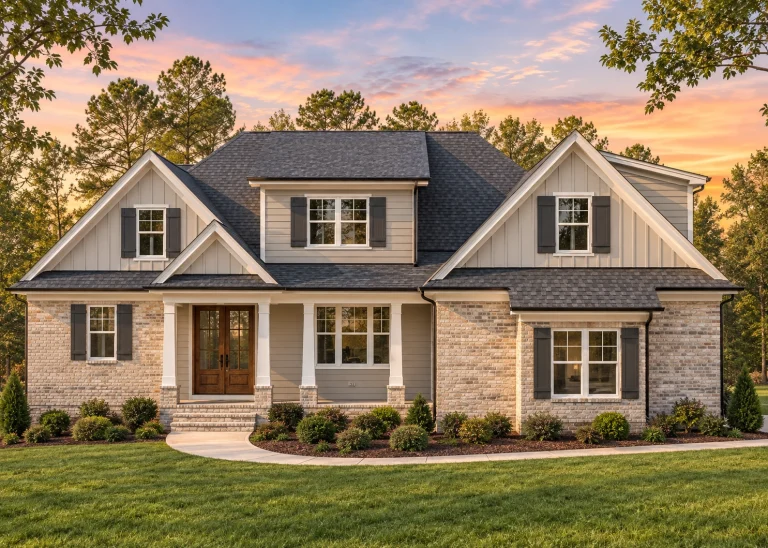 Front elevation of a New American style home with brick exterior, board and batten gables, symmetrical rooflines, and traditional suburban curb appeal