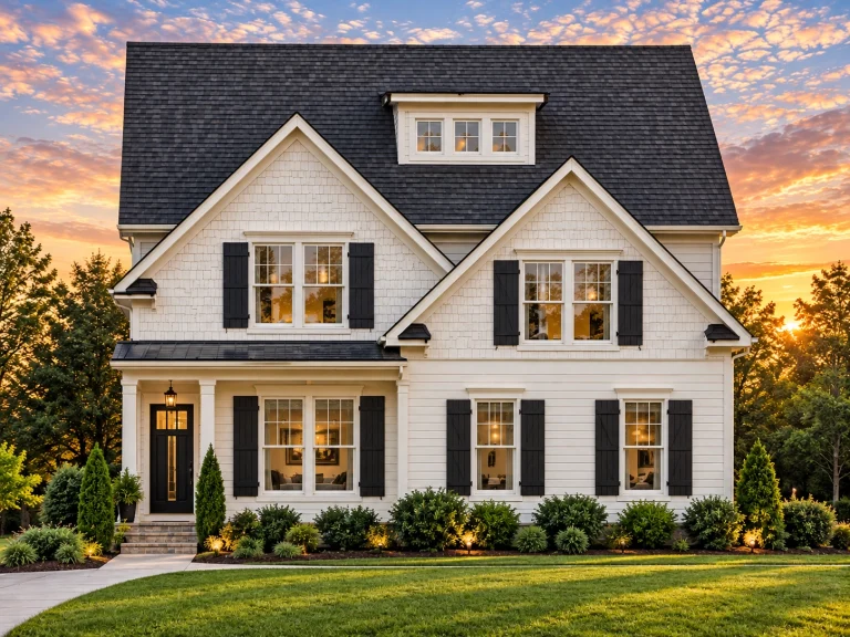Front elevation of a Traditional Neo-Colonial style home with horizontal siding, shingle gables, and balanced window layout