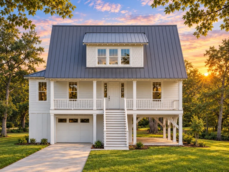 Front elevation of a Coastal Traditional carriage house with board-and-batten siding, elevated porch, exterior staircase, and standing-seam metal roof