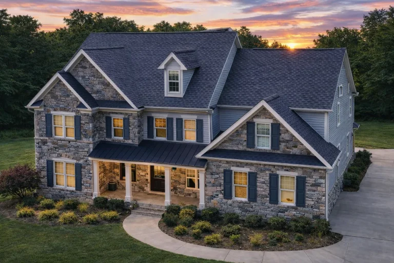 Front elevation of a New American Traditional house with stone veneer, horizontal siding, gabled rooflines, and covered front porch