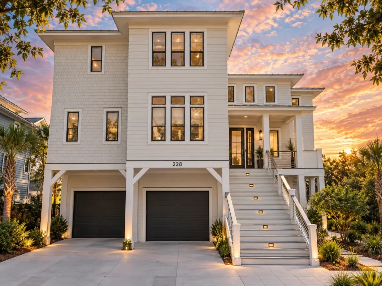 Front exterior of an elevated Coastal Low Country style home with horizontal lap siding, raised entry staircase, covered porches, and garage below