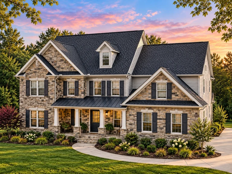 Front elevation of a New American Traditional house with stone veneer, horizontal siding, gabled rooflines, and covered front porch