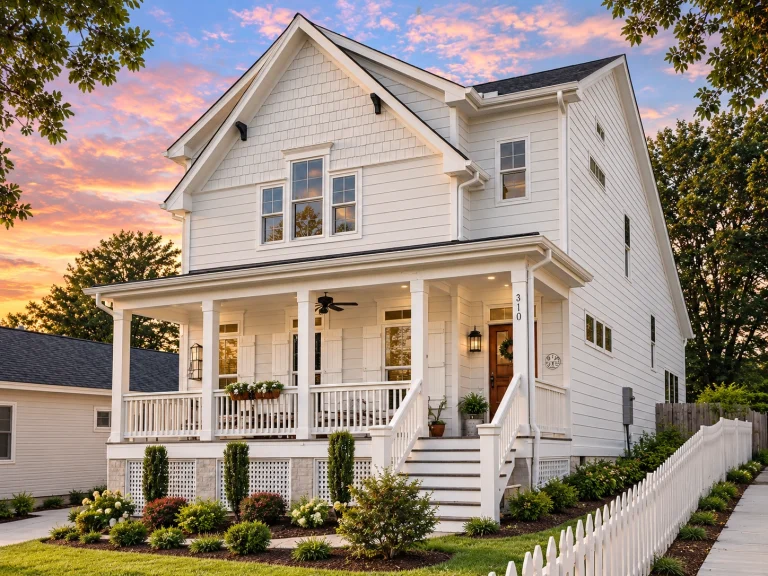 Front elevation of Traditional Colonial style home with white horizontal lap siding, covered front porch, and classic symmetrical windows