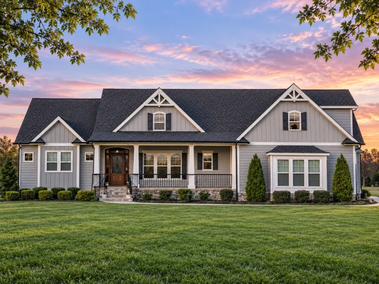 House Plans with Fireplace 16 Front view of a Modern Farmhouse with board and batten siding, stone base, dark roof, and covered porch entry framed by clean white trim and gables.