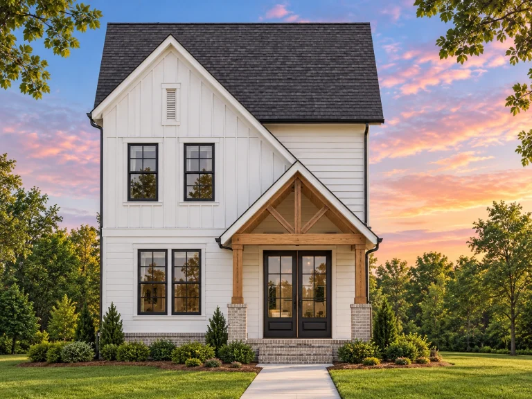 House Plans with Fireplace 14 Front elevation of a Modern Traditional farmhouse featuring deep blue board and batten siding, white trim, and a welcoming covered entry