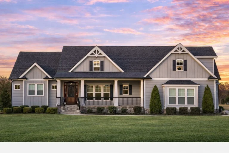Front view of a Modern Farmhouse with board and batten siding, stone base, dark roof, and covered porch entry framed by clean white trim and gables.