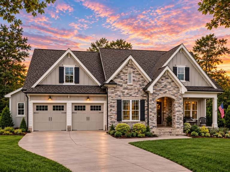 Front elevation of a New American modern traditional house with stone veneer, horizontal siding, gabled rooflines, and attached garage