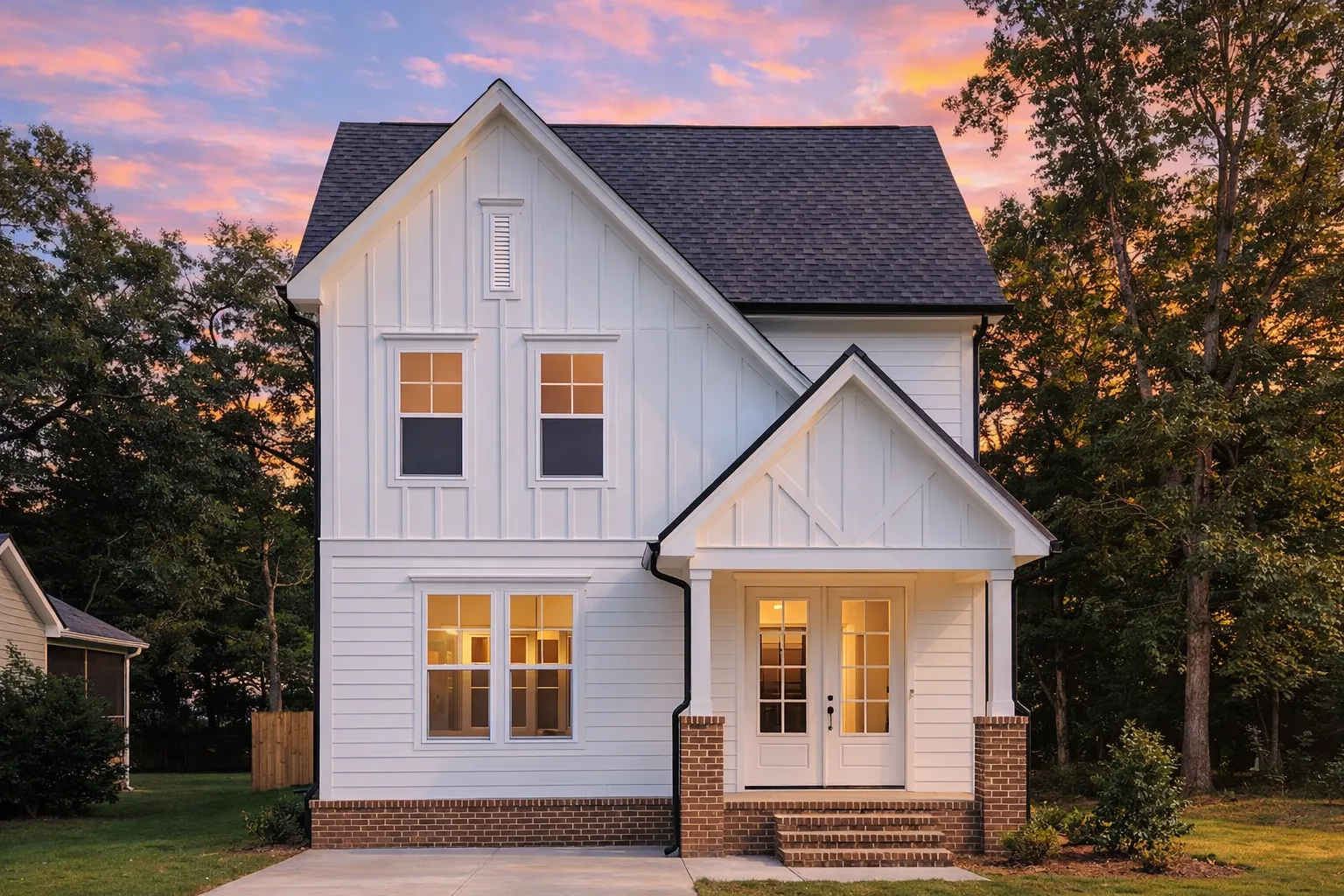 Front elevation of a Modern Traditional farmhouse featuring deep blue board and batten siding, white trim, and a welcoming covered entry