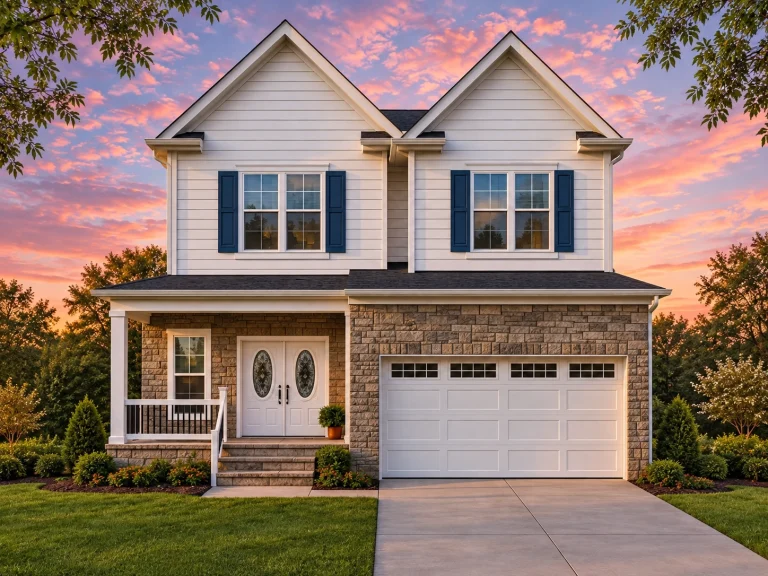 Front elevation of a Traditional Suburban Neo-Colonial style home featuring horizontal siding, stone veneer, brick accents, and a two-car garage