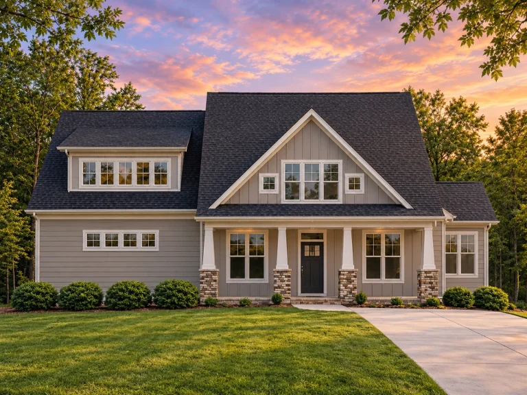 Conventional House Plans 4 Front view of a Modern Farmhouse style home featuring board and batten siding, stone column bases, and a welcoming covered porch entry