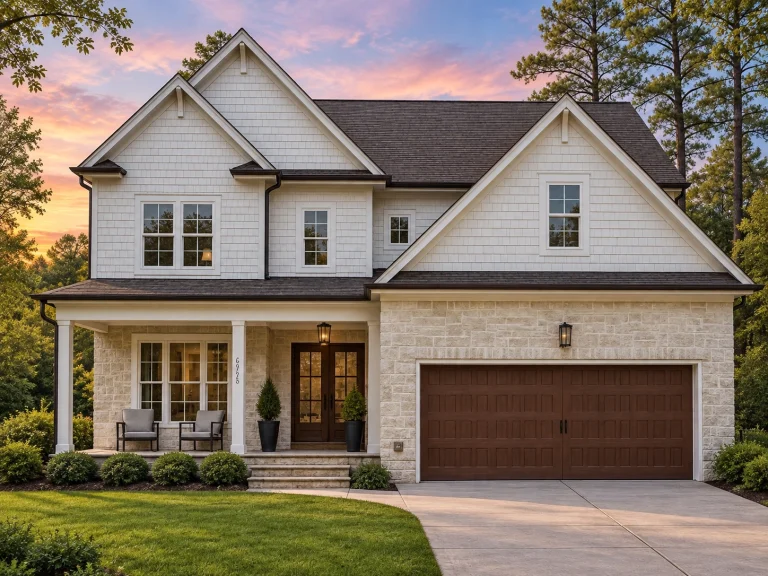 Front exterior of a New American modern traditional house featuring painted brick, horizontal siding, and a covered porch
