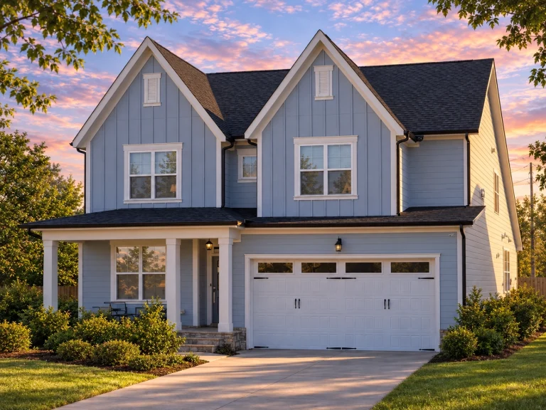 Front elevation of a New American traditional style home with green lap siding, Craftsman accents, stone porch columns, and attached two-car garage