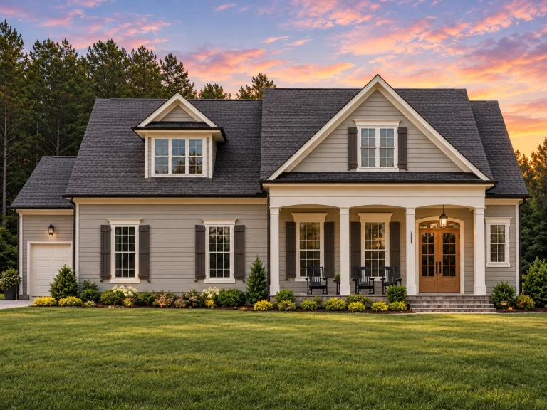 Front elevation of a New American Traditional Colonial style house with horizontal siding, gabled rooflines, and a welcoming covered front porch