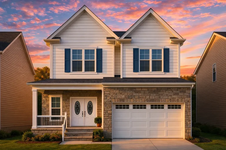 Front elevation of a Traditional Suburban Neo-Colonial style home featuring horizontal siding, stone veneer, brick accents, and a two-car garage