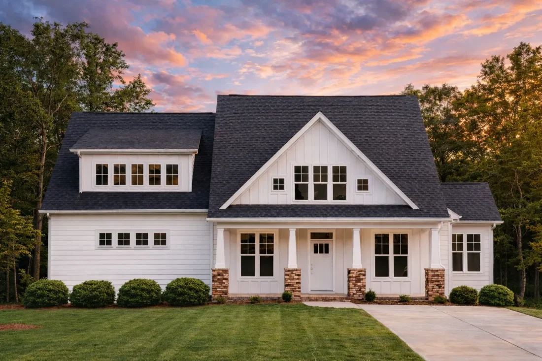 Front view of a Modern Farmhouse style home featuring board and batten siding, stone column bases, and a welcoming covered porch entry