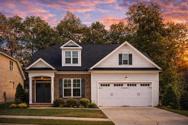 Front view of a Traditional Ranch style home featuring a brick façade, siding accents, dormer windows, and a two-car garage