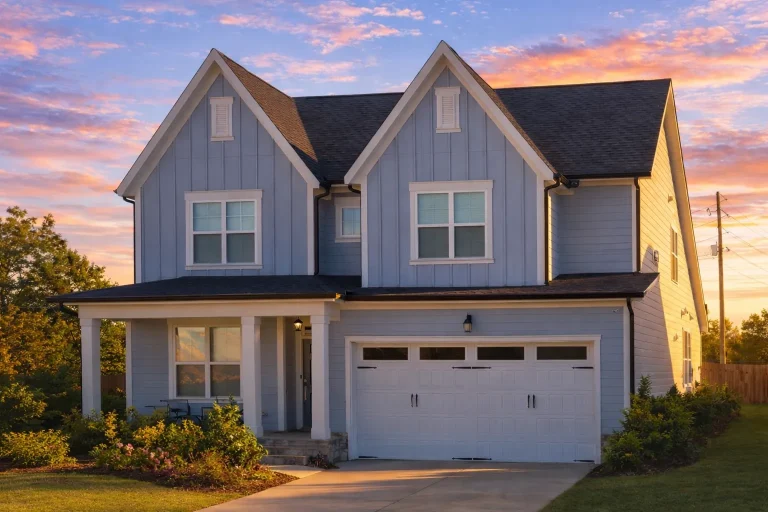 Front elevation of a New American traditional style home with green lap siding, Craftsman accents, stone porch columns, and attached two-car garage