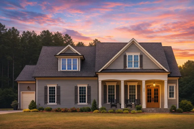 Front elevation of a New American Traditional Colonial style house with horizontal siding, gabled rooflines, and a welcoming covered front porch