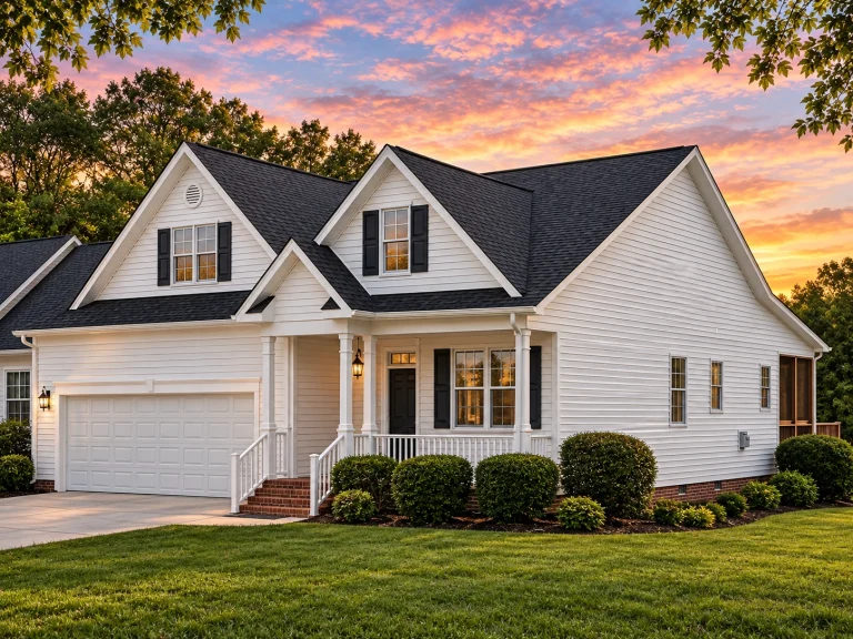 Front elevation of a Cape Cod and Traditional Suburban style home with vinyl siding, brick accents, steep rooflines, and welcoming covered porch