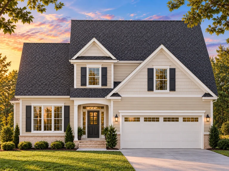 Front view of a Traditional Colonial Revival style house featuring beige horizontal siding, dark shutters, and brick foundation accents beneath a steep gable roof.