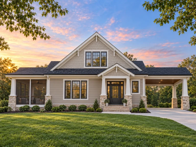House Plans with Outdoor Kitchen 22 Front elevation of a Craftsman Cottage home featuring stone porch columns, shake siding, and inviting architectural trim details under a steep gable roof