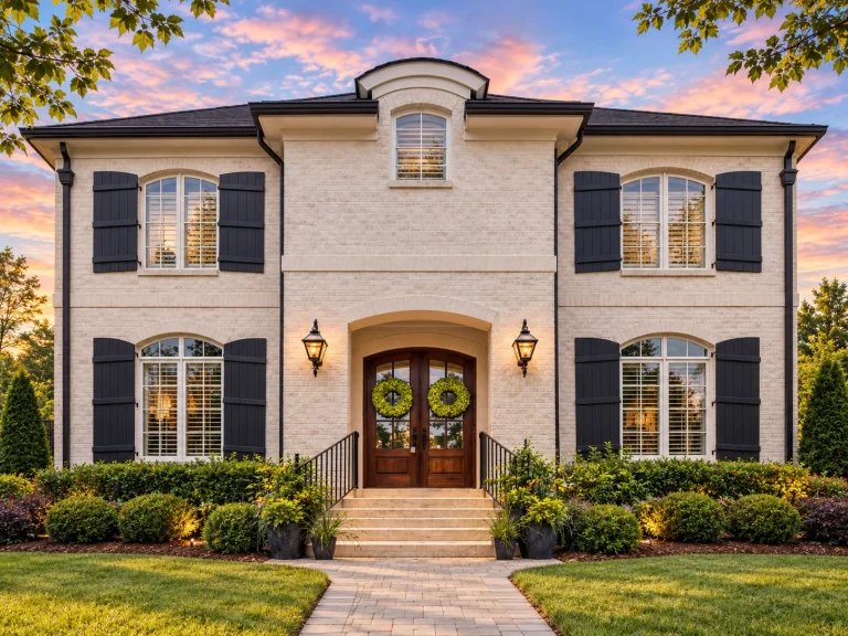 House Plans with Outdoor Kitchen 11 Front exterior view of a Traditional Colonial style home with symmetrical design, lap siding, black shutters, and central entry