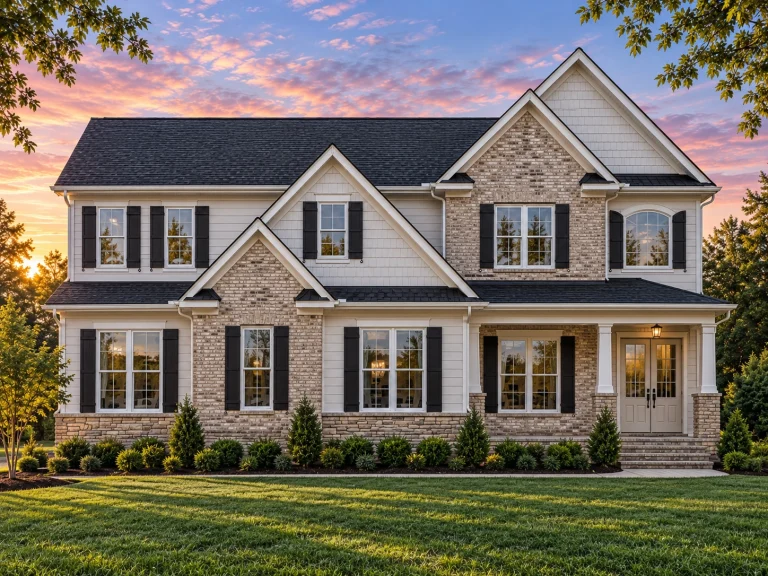 Southwestern House Plans 25 Front elevation of a New American style home featuring brick and horizontal siding, symmetrical windows, gabled rooflines, and traditional colonial detailing