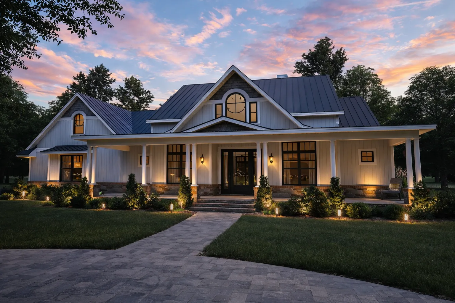 House Plans with Second Floor Laundry Room 15 Front exterior of a Southern Farmhouse style home featuring board and batten siding, metal roof, covered wraparound porch, and landscaped walkway