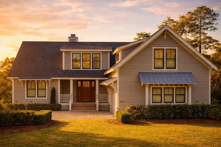 Front elevation of a French Country style home featuring natural stone exterior, steep rooflines, wood shutters, and symmetrical European detailing