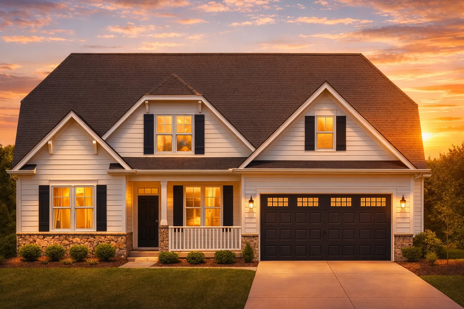 Front elevation of a New American Modern Traditional house with horizontal siding, stone accents, black shutters, and an attached two-car garage