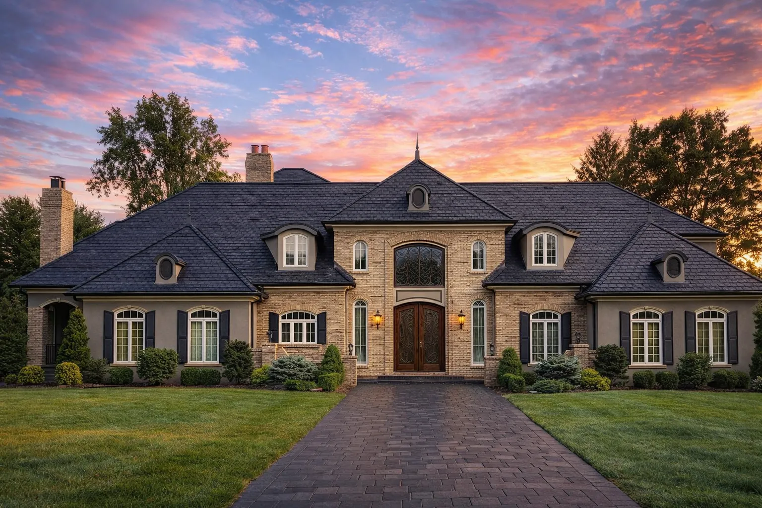 Front elevation of a Neoclassical Colonial style luxury home with stucco exterior, stone accents, arched entry, and symmetrical façade