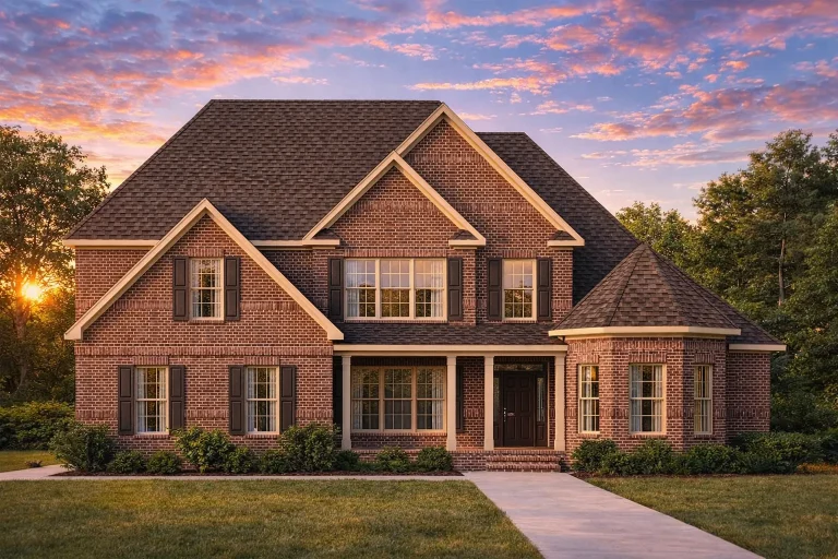 Front view of a Traditional Colonial style house featuring a full brick exterior, symmetrical façade, gabled rooflines, and classic double-hung windows with shutters.