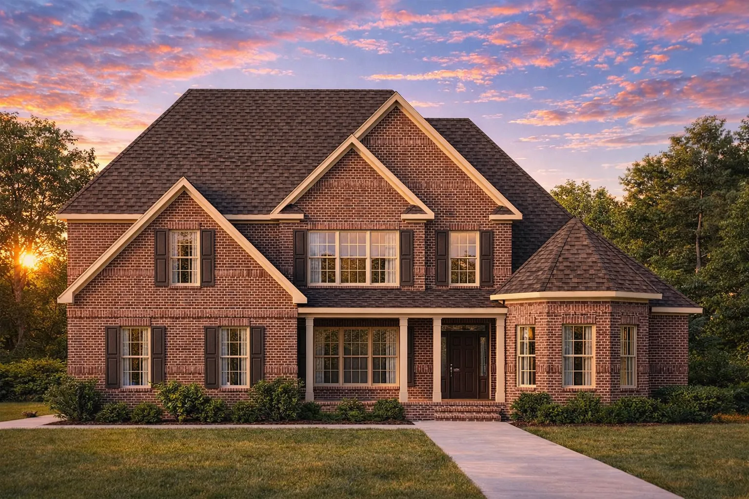 Front view of a Traditional Colonial style house featuring a full brick exterior, symmetrical façade, gabled rooflines, and classic double-hung windows with shutters.