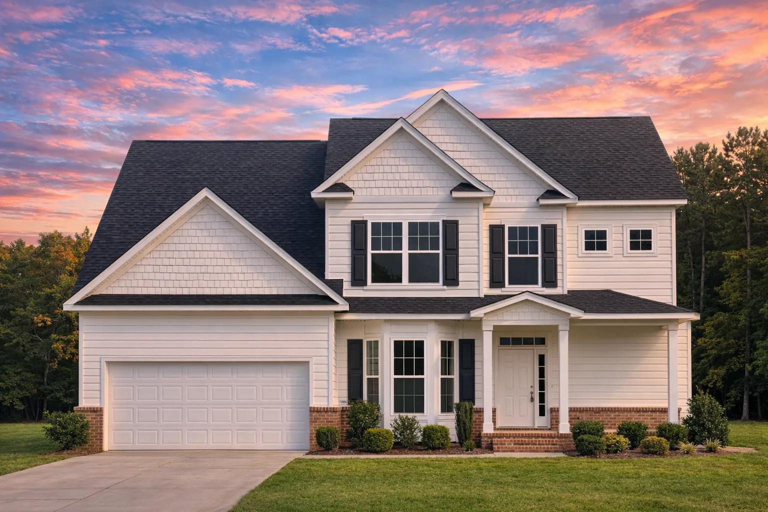 Front elevation of a Traditional New American style home featuring gray horizontal siding, brick accents, and symmetrical windows with brown trim