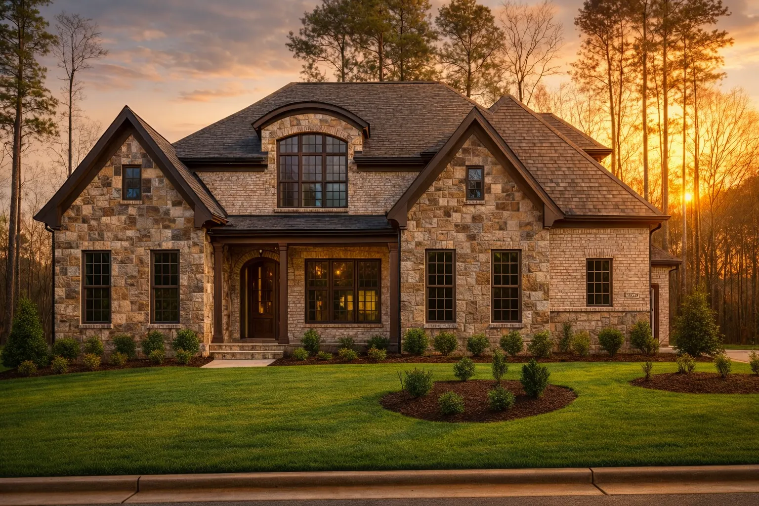 Front elevation of a New American modern traditional house with stone masonry, brick accents, steep gables, and large windows