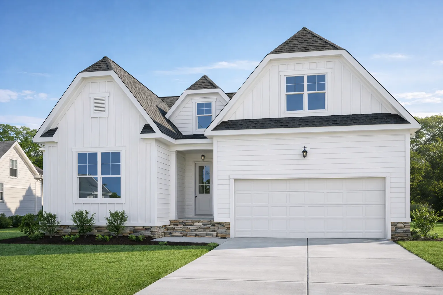 Front view of a Modern Farmhouse style home featuring board and batten siding, stone base accents, and a front-entry two-car garage