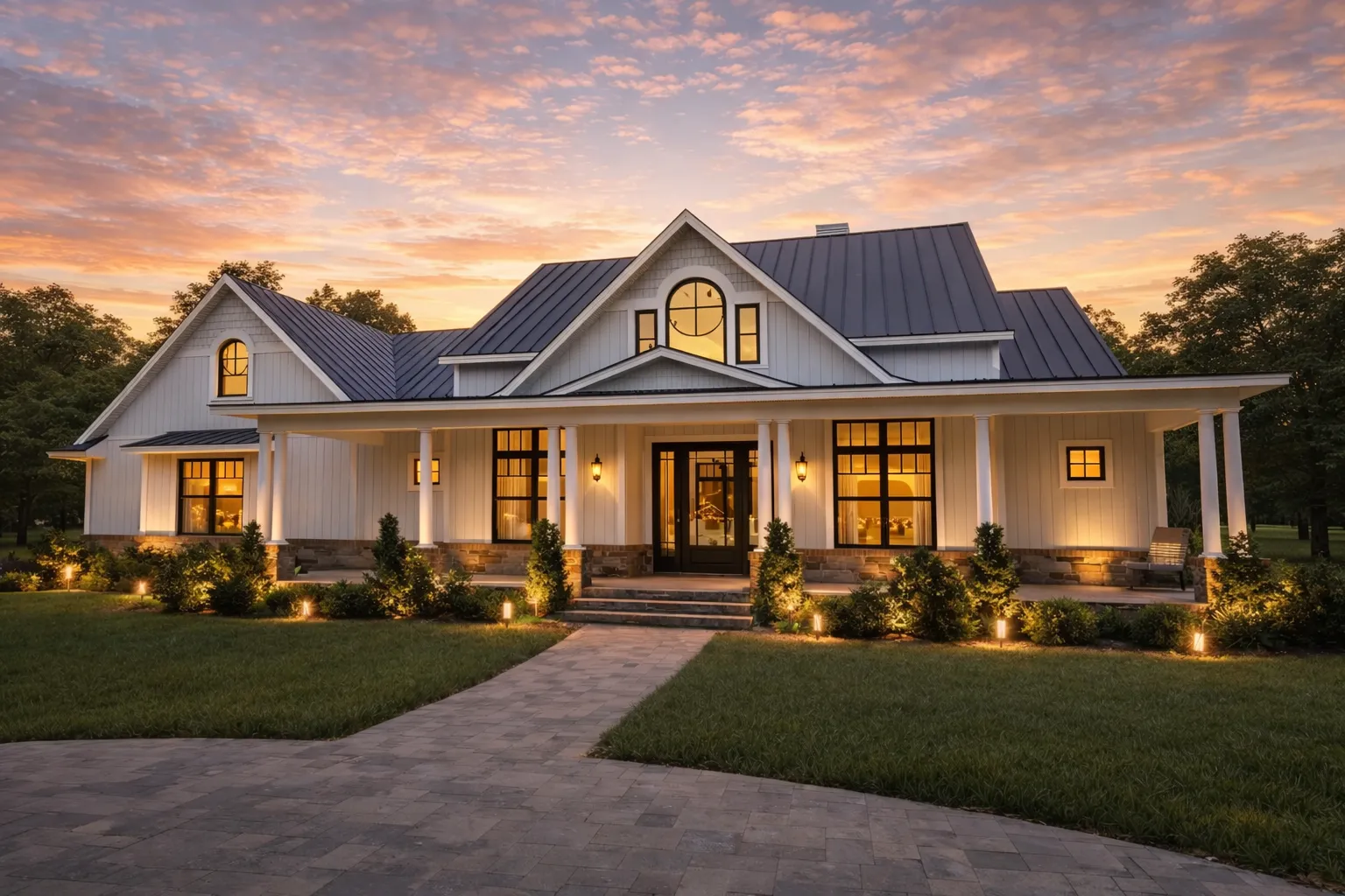 Front exterior of a Southern Farmhouse style home featuring board and batten siding, metal roof, covered wraparound porch, and landscaped walkway